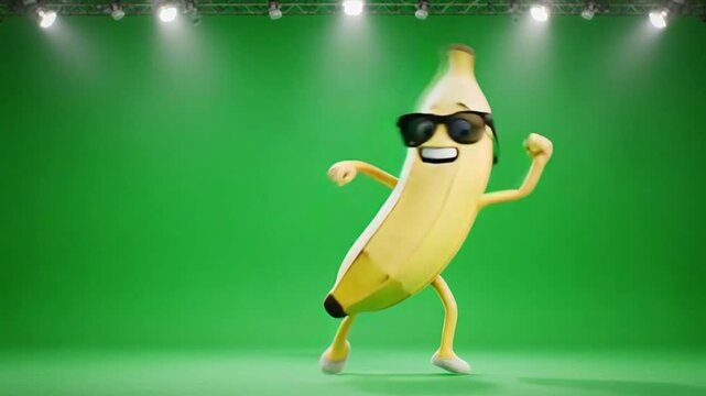 Funny 3D cartoon animation of a dancing banana wearing sunglasses and dancing on a stage. The banana performs silly moves and spins. Background is full green screen for editing