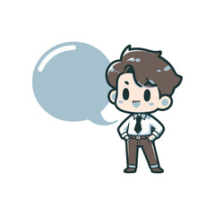 Cartoon character standing confidently with a speech bubble, suggesting conversation or ideas
