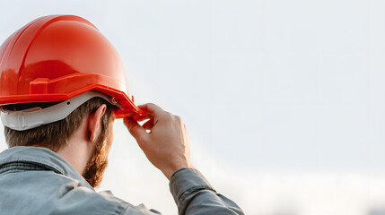 a construction worker wearing a vibrant orange helmet, highlighting safety measures and industry