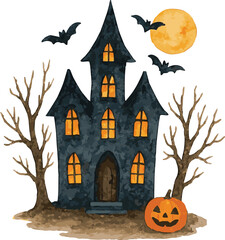 Vector realistic watercolor illustration of a halloween haunted house