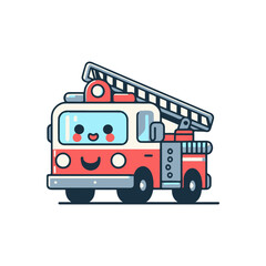 Cartoon fire truck with a smiling face, parked on a white background, ideal for children's media