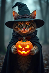Dramatic cat in сloak and hat holding glowing pumpkin jack-o'-lantern on smoky dark background with mysterious atmosphere, for Halloween, magical fantasy concepts, seasonal artwork
