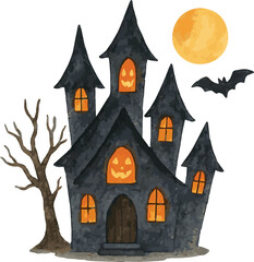 Vector realistic watercolor illustration of a halloween haunted house