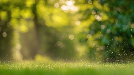 dewdrops. Vibrant spring garden with golden sunlight filtering through trees and glistening dewdrops on lush green grass. travel magazines.