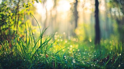 dewdrops. Vibrant spring garden with golden sunlight filtering through trees and glistening dewdrops on lush green grass. travel magazines.