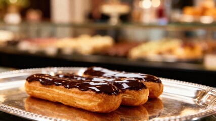 Delicious chocolate eclairs on a silver platter in a French pastry shop.