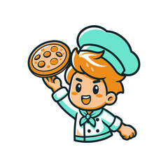 Cheerful cartoon chef skillfully tossing a pizza in a vibrant kitchen setting, showcasing culinary joy