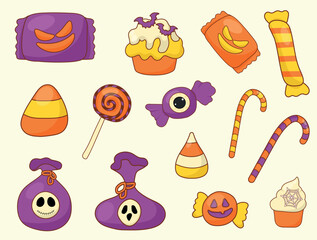 A set of elements for Halloween: vector illustration with cute skulls, pumpkins, ghosts, lollipops and cupcakes.