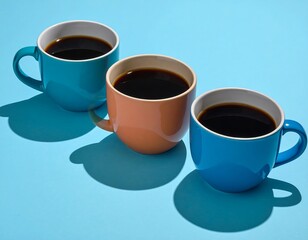 Three Cups of Coffee on a Blue Surface.