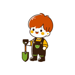 Cheerful child in overalls holding a shovel, ready to garden in a sunny outdoor setting