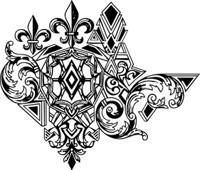 Elegant ornate decorative emblem featuring fleurs de lis, geometric shapes, and swirling filigree for sophisticated branding and design projects. © Vectors Studio