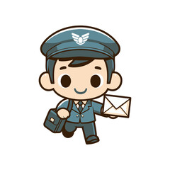 Cheerful mail carrier in uniform delivering a letter, with a briefcase, against a simple background