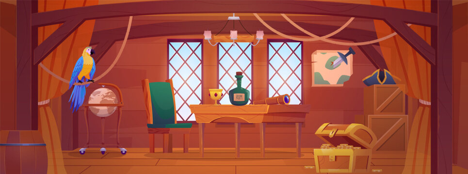 Pirate captain ship cabin, vector cartoon retro wooden room interior, treasure chest, bottle of rum and spyglass, parrot