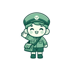 Cheerful postal worker character waving in a playful green uniform with a mailbag