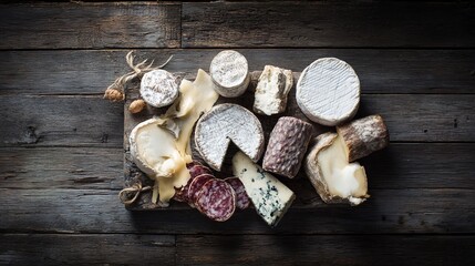 gorgonzola. Artfully arranged selection of fine cheeses and cured meats on a rustic wooden board, top-down view. menu design.