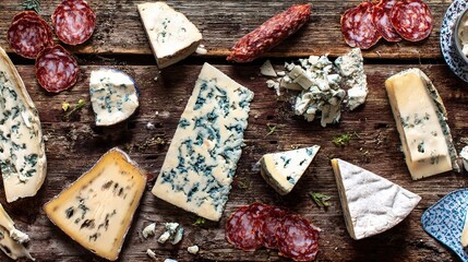 gorgonzola. Artfully arranged selection of fine cheeses and cured meats on a rustic wooden board, top-down view. menu design.