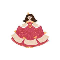 Cute princess in a beautiful gown and a golden crown, charming illustration