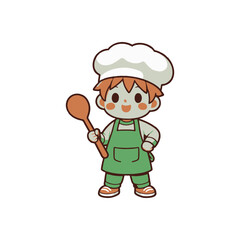 Cheerful young chef character holding a wooden spoon, set against a plain white background