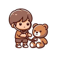 Child examining teddy bear with a stethoscope in a playful, imaginative setting