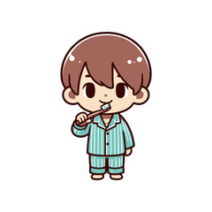 Child in pajamas brushing teeth with a cheerful expression in a bright, simple setting