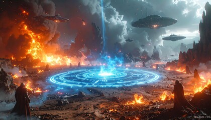 SFバトルシーン、異世界の戦場、魔法陣と宇宙船、近未来の戦争、炎に包まれた惑星、ダークファンタジーの世界、異星人の侵略、魔術と科学の戦い、エネルギーサークル、未来都市の戦闘、マント姿の戦士たち、UFOと火山地帯、終末の光景、魔法とテクノロジーの融合、空中に浮かぶ母艦
