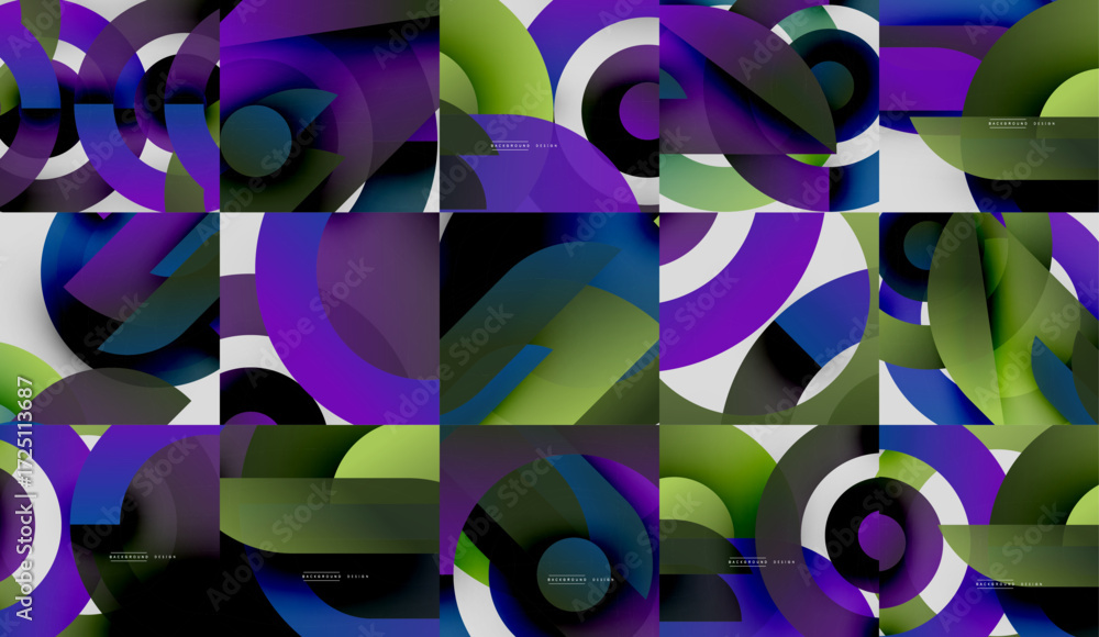 Poster abstract geometric patterns dominate image. circles overlap, creating vibrant color blends. modern d