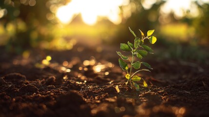 sapling. Young sapling emerging from rich soil, sunlight filtering through leaves in a detailed macro view.