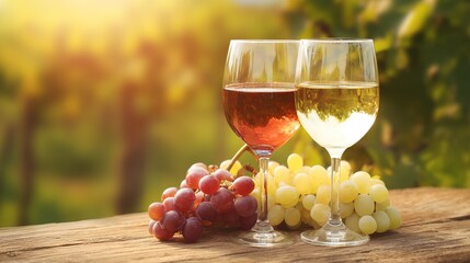vineyard. Glasses of red and white wine with ripe grapes on a wooden table in a rustic vineyard setting. bar promotions