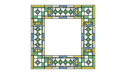 Intricate stained glass window frame with geometric patterns