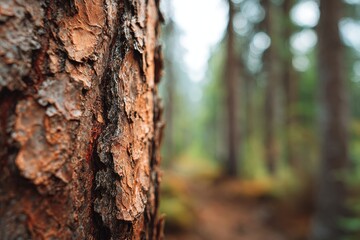 Close-up of a pine tree trunk, textured bark, with a soft-focus forest background