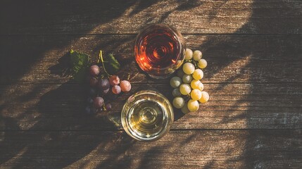 vineyard. Glasses of red and white wine with ripe grapes on a wooden table in a rustic vineyard setting. bar promotions