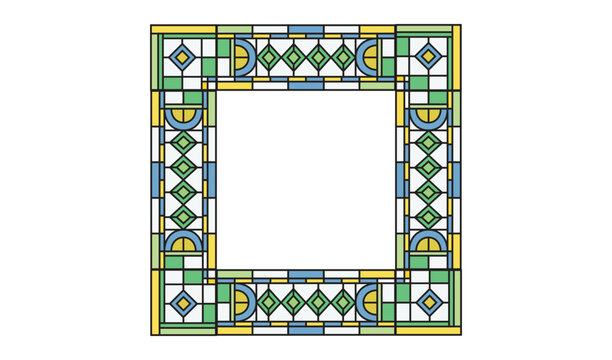 Intricate stained glass window frame with geometric patterns