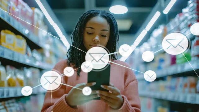 Woman checking smartphone in supermarket while receiving multiple emails during shopping trip, Checking smartphone, woman receiving multiple email notifications in store, overlay