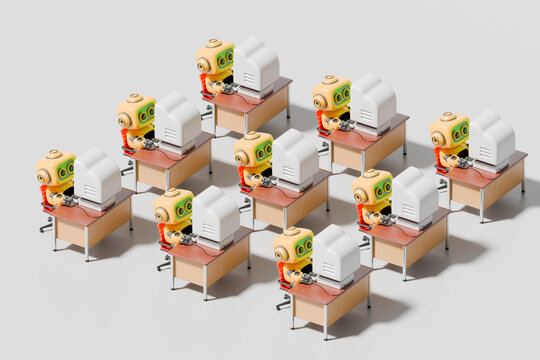 3d robots working at office desks with computers in repetitive pattern