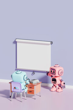 Two 3d robots working at school desk and computer in colorful office