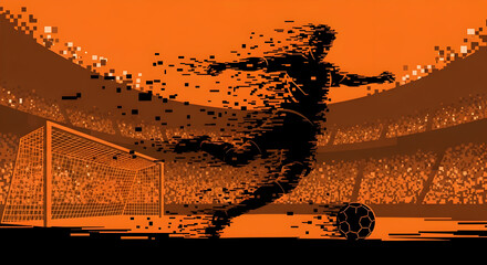 Dynamic Athlete Kicking Ball in Abstract Glitch Art Style on Orange Background