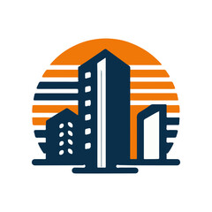 Obraz premium Modern city skyline at sunset with buildings silhouetted against an orange sun