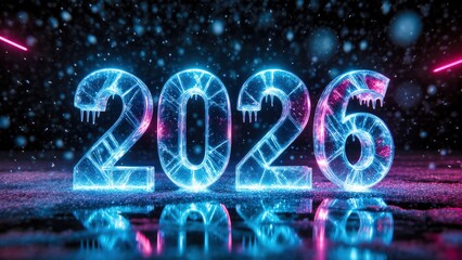 Vibrant Cyberpunk New Year 2026 with Reflective Surface