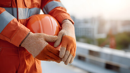 a construction worker holding an orange safety helmet, dressed in his work clothes