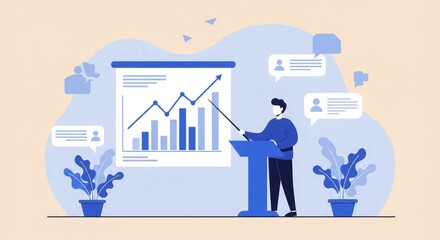 A man in a mask presents a business growth chart on a screen during a presentation.