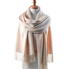 Elegant beige cashmere scarf with fringe, isolated on white background