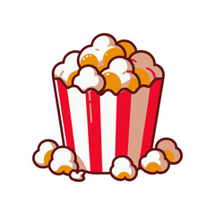 Colorful striped popcorn bucket overflowing with popcorn, set against a plain background, ideal for movie themes