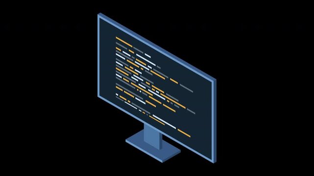 Isometric monitor animation. Software programming coding concept. Code on computer monitor. Isometric technology. Transparent background with alpha channel