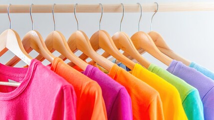 hangers. Colorful clothing arranged on wooden hangers in soft rainbow tones, minimalist studio setting.