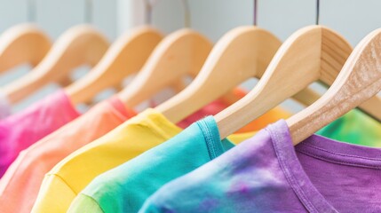hangers. Colorful clothing arranged on wooden hangers in soft rainbow tones, minimalist studio setting.