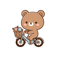 Cute bear character riding a bicycle with a flower basket in a playful, whimsical style