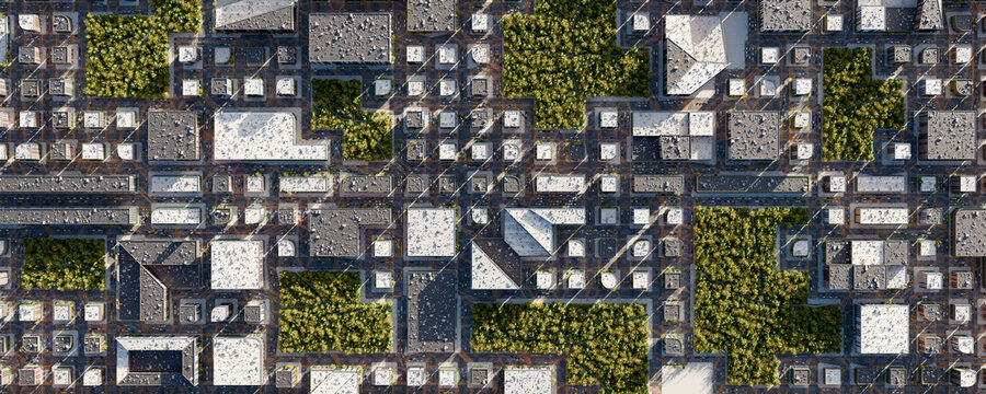3d aerial view of modern city with roads streets and green spaces