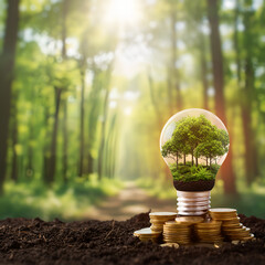 earth in light bulb on stacks of coins