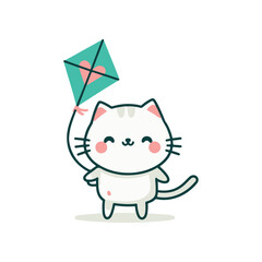 Cute cartoon cat joyfully holding a colorful kite with hearts, set against a simple background