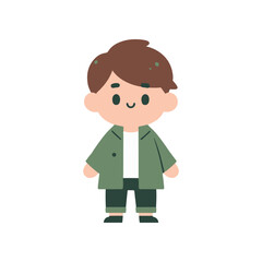 Cute cartoon character of a young boy wearing a green jacket and pants, smiling cheerfully